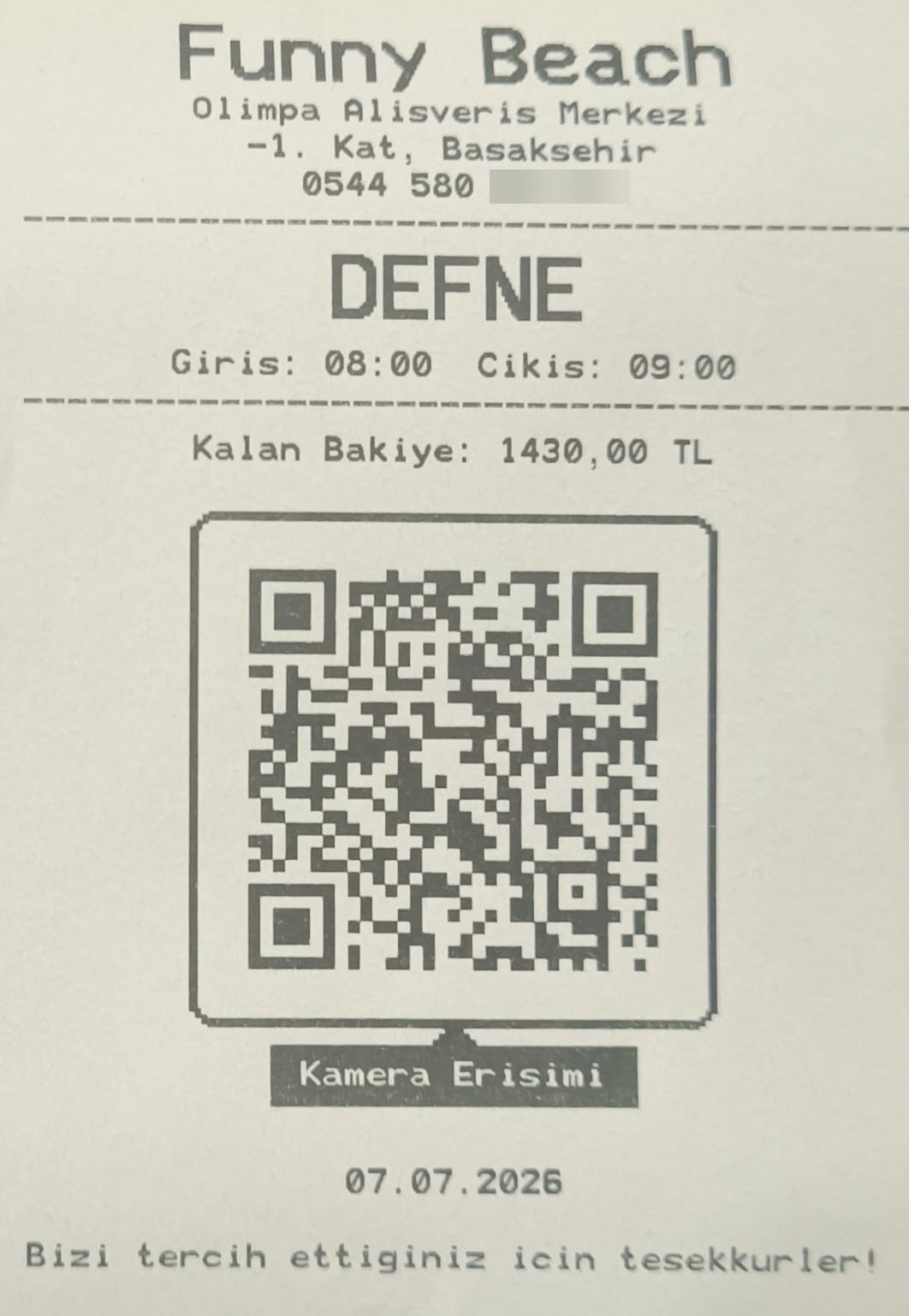 Fiş üzerindeki kamera erişim QR kodu