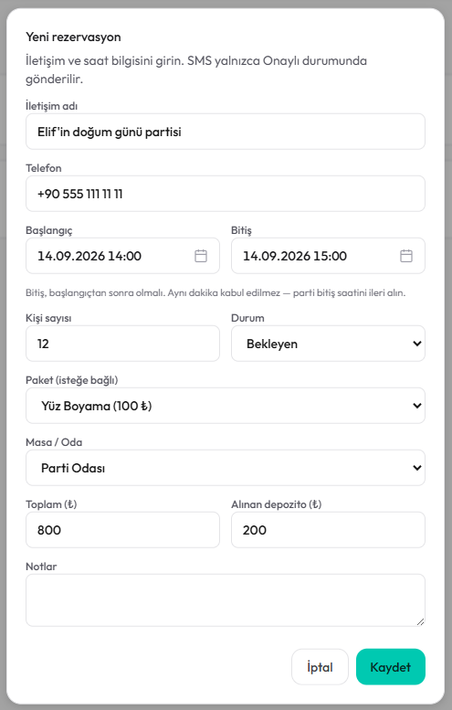 Doğum günü rezervasyon formu